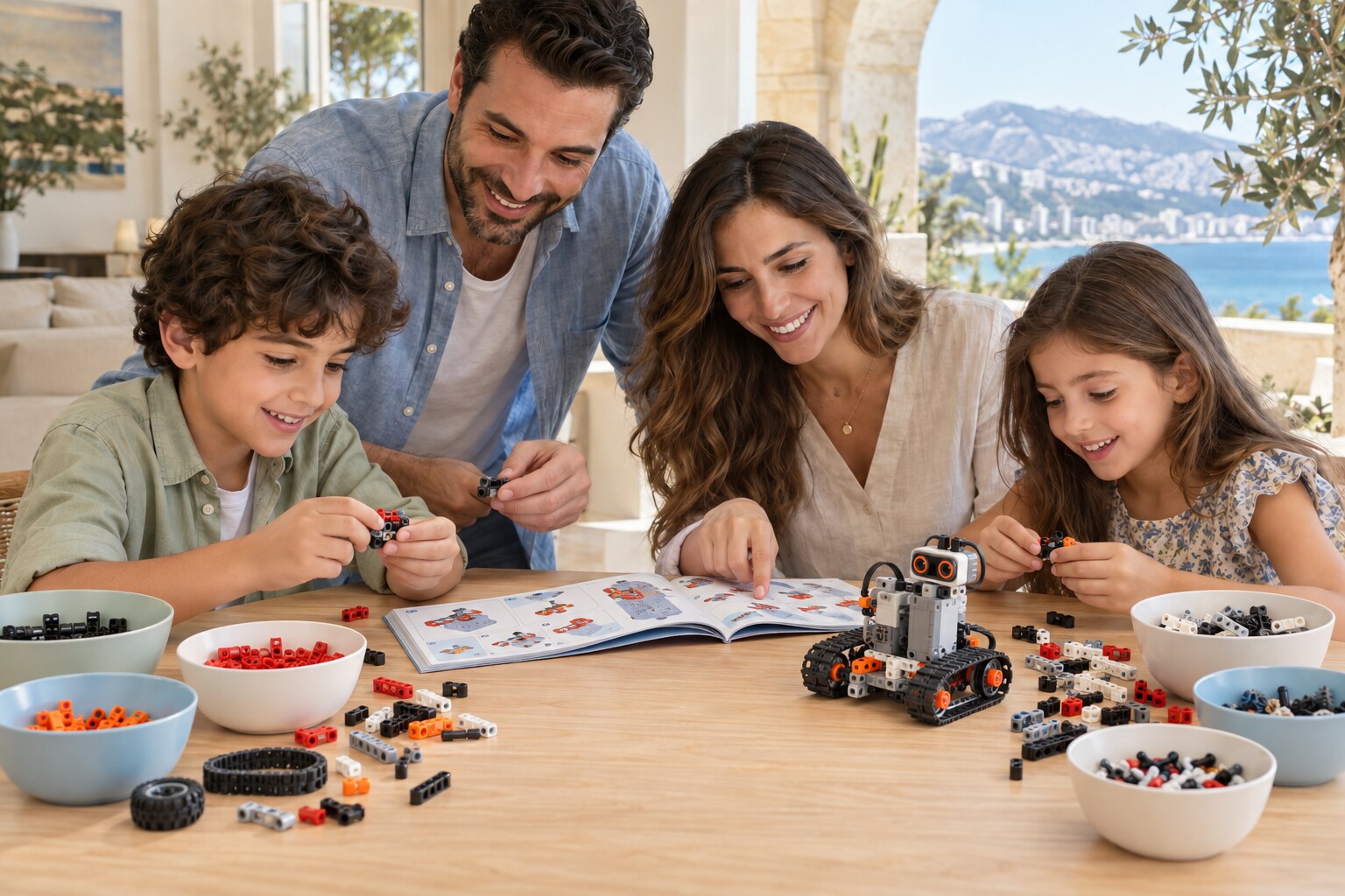 Lebanese family assembling a programmable block robot from loose Hoshi-style pieces