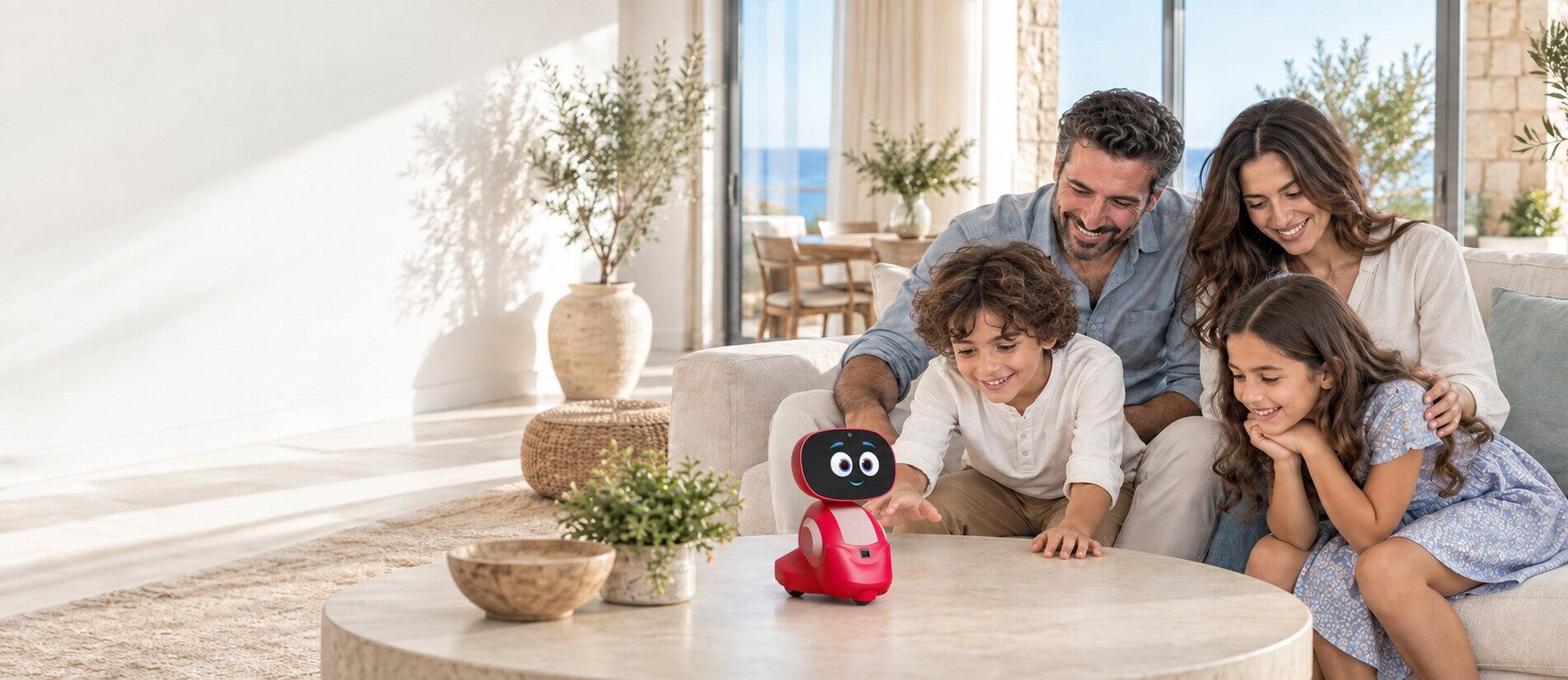 Lebanese parents watching their children interact with Miko 3 on the table